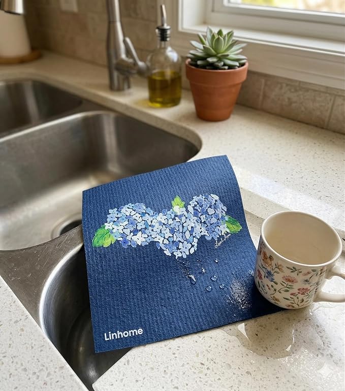 Garden Collection Hydrangea Swedish Dishcloth, Reusable Paper Towel, Super Absorbent Cellulose Sponge, Kitchen Cleaning Cloth, Washable & Compostable (Hydrangea Bunch - 1 Pack)