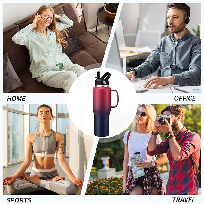 Insulated Water Bottle 32 OZ - with Straw & Pop-up Spout Lid, Keep Cold-48H Hot-12H, Stainless-Steel with handle for Women Men, Metal Flask Water Bottle Fits in Cup Holder
