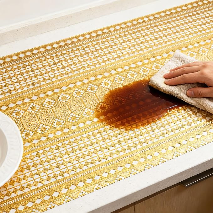 Drawer and Shelf Liner - Gold Geometric Lace Pattern,Non Adhesive Non Slip Waterproof Easy-Clean Shelf Liner for Kitchen Cabinet, Refrigerator, Bathroom, Pantry Storage Drawers, 17 in x 30 Ft