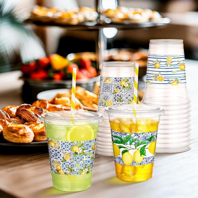 FoldTier 100pcs Capri Lemon Plastic Disposable Cups with Lids and Straws 12oz, Plastic Lemon Stand Drinking Cups for Bridal Shower Supplies Summer Citrus Fruit Amalfi Coast Party Decorations