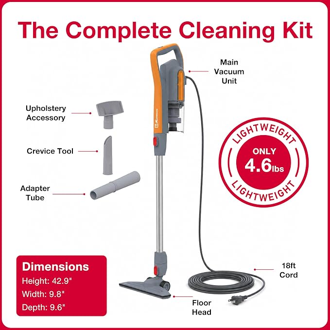 Koblenz Atlas Stick Vacuum Cleaner, 3-in-1 Cyclonic, Bagless HEPA Filtration, 600W Motor, 34 oz Dust Cup, Corded Vacuum, Lightweight 4.6 lbs, Pet Hair, Wall Mount, All Surfaces, SVK-160