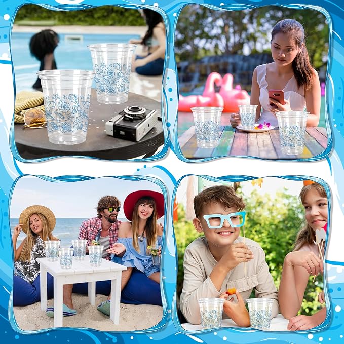 FYSUIMU 50Pcs 12Oz Blue Ocean Plastic Cups with Lids & Straws Seashell Starfish Disposable Clear Drinking Cups for Summer Beach Party Supplies