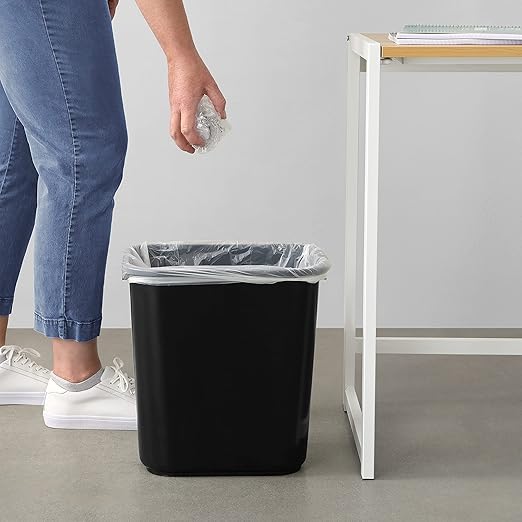 Amazon Basics Rectangular Plastic Office Wastebasket, 7 Gallon, Easy to Clean, Black, Pack of 2