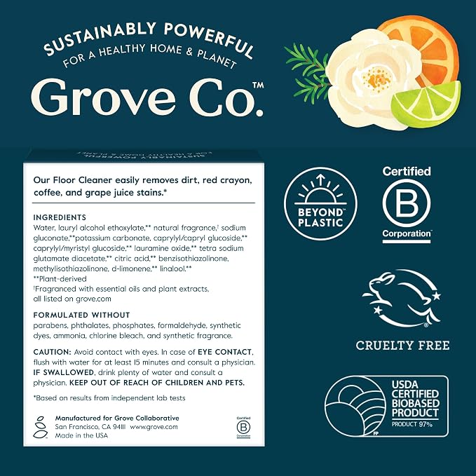 Grove Co. Floor Cleaner Refill Concentrate (6 x 1 Fl Oz) Plant-based Household Cleaning Supplies, Ammonia & Chlorine Free, No Plastic Waste, 100% Natural Lemon & Eucalyptus Scent, 3 x 2 Pack Refills