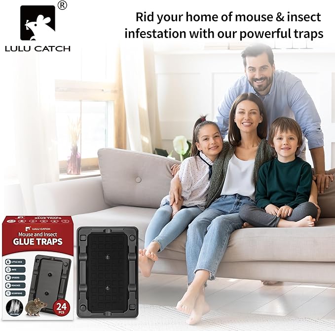 LULUCATCH Mouse & Insect Traps 24 Pack, Heavier Sticky Traps with Non-Toxic Glue for Small Mice & Insects. Sticky Mouse Traps Indoor for Home, Easy to Set