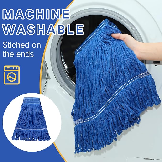 Roshtia 16 Pack Mop Head Replacement Large Heavy Duty Mop Head Commercial Replacement Looped End Cotton String Industrial Washable Mophead Refills for Commercial Industrial Home Cleaning(Blue, Yellow)