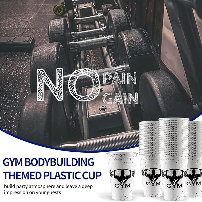 20pcs Gym Birthday Party Supplies Bodybuilder Theme Disposable Plastic Cups 16 Oz Drinking Cup with Lid, for Gym Lovers and Weight Lifters (gym)