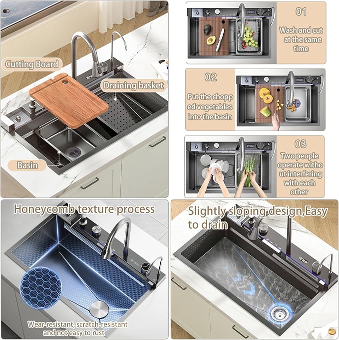 33.5 inch Smart Digital Display Waterfall Sink, 304 Stainless Steel Modern Kitchen Sink with 5 Water Outlet Modes, Waterfall Pull-Out Faucet, Cup Washers and Accessory Set
