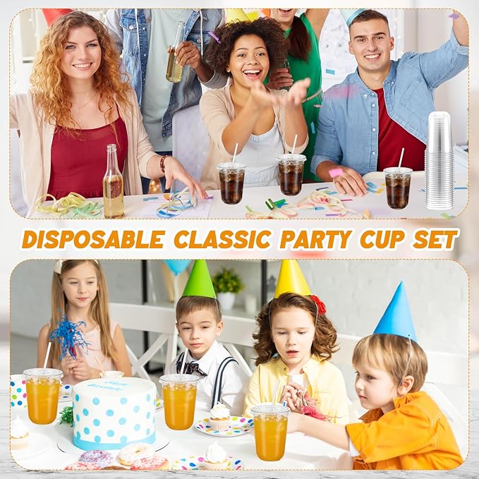 Ziliny 50 Sets Clear Round Bottom Plastic Cups with Lids and Straws, Cute Disposable Drinking Coffee Cups, for Christmas Valentine's Galentine's Day Party Wedding Birthday Supplies (16oz,Clear)