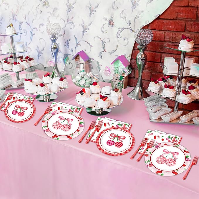 96Pcs Cherries Theme Plates and Napkins Pink Bow Cherry Birthday Party Decoration Disco Ball Disposable Dessert Cake Plates Cherries Paper Dinner Tableware for 24 Guests Girls Boys Kids Party Supplies