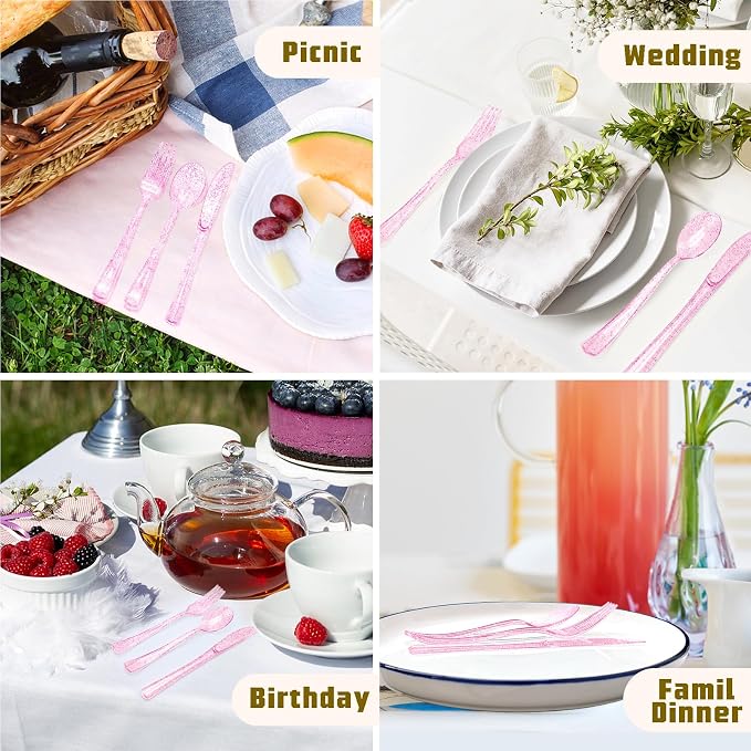 150PCS Purple Plastic Silverware, Purple Glitter Plastic Cutlery Disposable, 50 Forks, 50 Knives, 50 Spoons Heavy Duty, Perfect for Birthday, Wedding, Baby Shower, Picnic