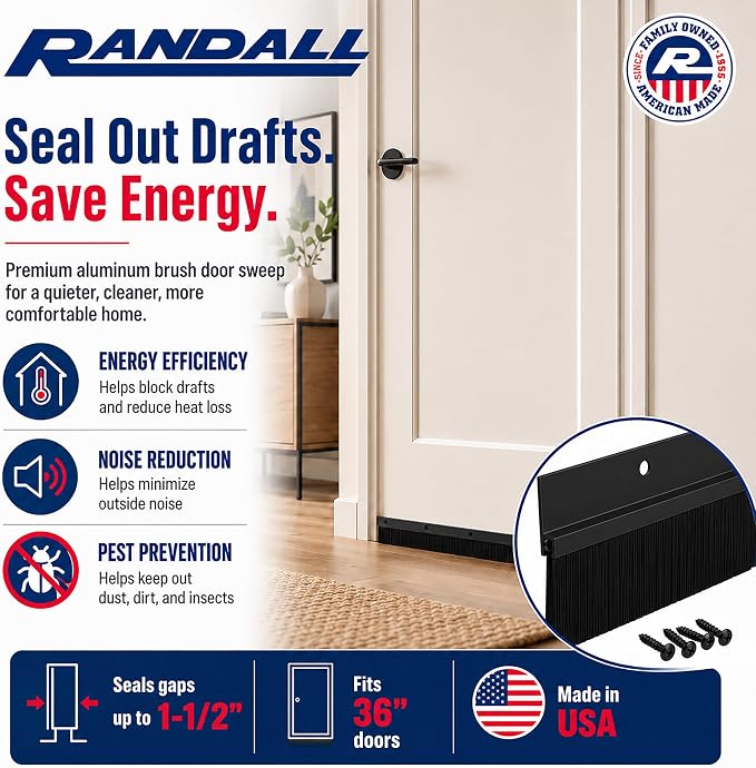 Black Aluminum & Long-Brush Door Sweep – 3 ft (36″) – Seals Gaps Up to 2″ – Pre-Drilled with Color-Matched Screws – All-USA Made Weatherseal for Doors, Garage, Exterior & Interior