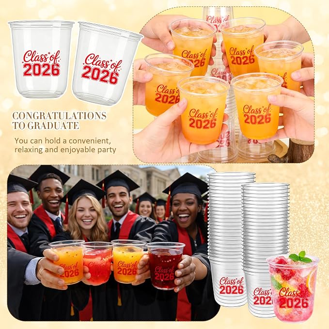 Potchen 50pcs Graduation Cups Class of 2026 12oz Clear Plastic Graduation Party Cups for 2026 Celebration Party Supplies Congrats Grad Tableware Decoration(Red)