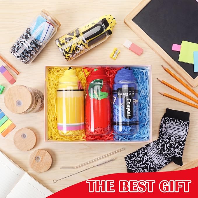 Newcotte 6 Sets Back to School Teacher Gifts Bulk 16 oz Glass Cups with Lids Straws Novelty Socks First Day of School Appreciation Gift for Women Teachers Classroom Party Supplies