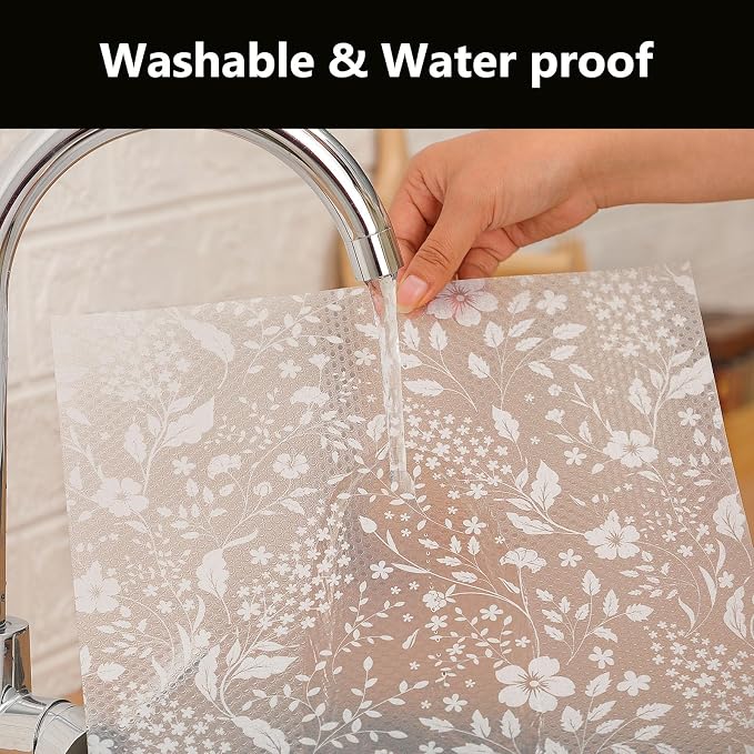 INNOLITES Shelf Liner for Kitchen Cabinets, Non-Adhesive Drawer Liner, Waterproof Washable EVA Floral Pattern, Protect Dresser Cupboard Refrigerator Shelves (Ivory Herb, 23.6" x 360")