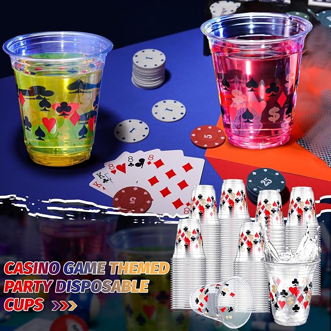 Uiifan 50 Pcs Casino Party Decorations Las Vegas Cups Casino Game Night Party Supplies 12 oz Poker Disposable Plastic Shot Cups for Hot Cold Drinking Office Home Dice Vegas Birthday Favors