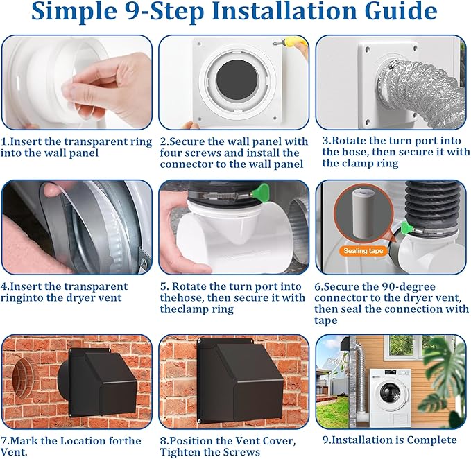 4 inch Dryer Vent Cover, Dryer Vent Connector Kit, 90 Degree Dryer Vent Elbow, Dryer Vent Wall Plate with Hose(4 inch 5FT) Indoor Dryer Vent Duct Adapter, Dryer Vent Hose for Tight Space