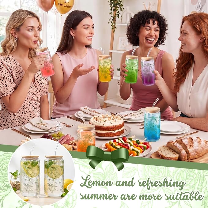 Sliner 2 Pcs Green Floral Glass Tumblers with Straw and Lid Flower Cups Drinking Glasses 16 oz Iced Coffee Can Tumbler Holiday Gifts