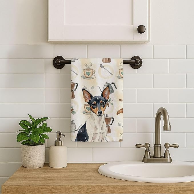 Caroline's Treasures Toy Fox Terrier Coffee Bar Kitchen Towel Velour Plush Front and Cotton Loop Back Machine Washable