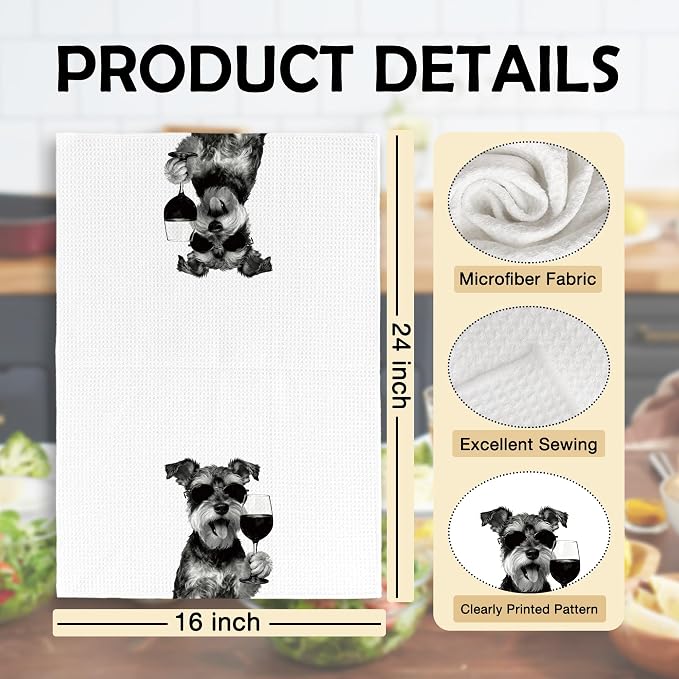 Funny Schnauzer Wine Kitchen Towels, Gifts for Dog Wine Lovers, Bar Accessories Dish Tea Towels for Kitchen, Dog Owners Housewarming Gift Decorative Hand Towel 16x24 Inch