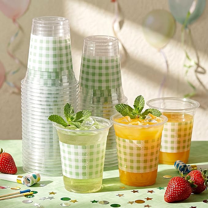 Qinyoung Checkered Plastic Cups 12oz Gingham Party Disposable Cups Bulk Drinking Cup for Cold Drinks Baby Shower Wedding Summer Birthday Party Supplies(Sage Green and White,50 Pcs)