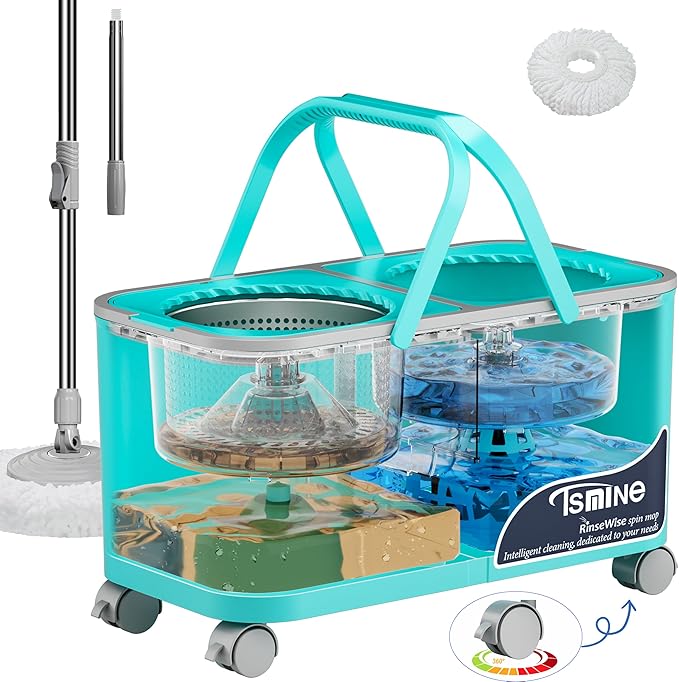 2026 Upgraded Easy-Use Spin Mop for Cleaner, Clean & Dirty Water Separation Mop Bucket for Pet & Family Homes,360° Swivel Wheels, Safe for Hardwood & Tile, Adjustable Handle,1 Reusable Mop Heads