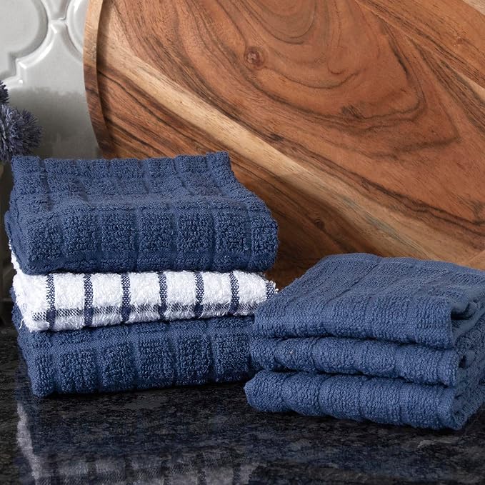 Ritz Premium Kitchen Towel and Dish Cloth Value Set: Highly Absorbent, Super Soft, Long-Lasting, 100% Cotton Checked and Solid Hand Towels, Tea Towels, Bar Towels - 6 Pack, Navy