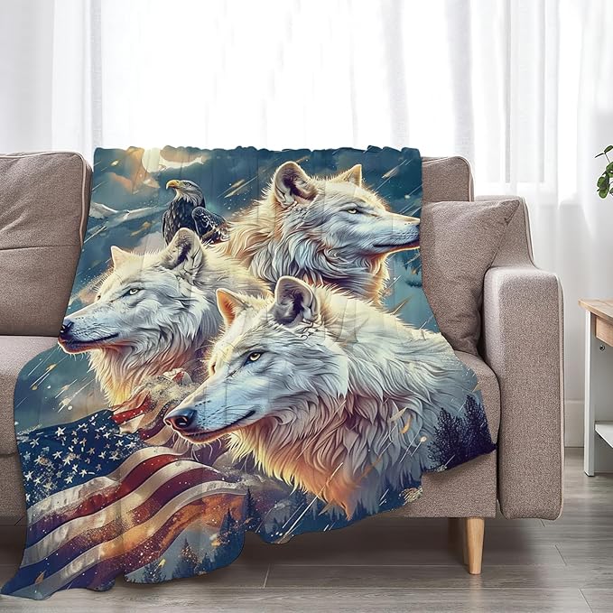 Tijuboni American Wolf Throw Blanket Wolf Gifts for Girls Boys Women Men Kids Adults Soft Flannel Fleece Blanket for Couch Sofa Bed Home Decor 60"x80"