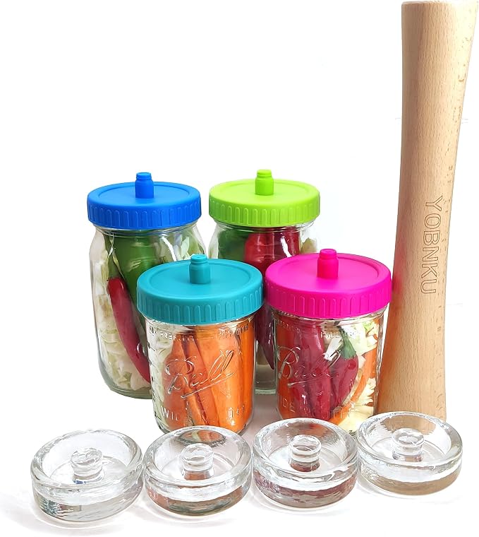 Complete Mason Jar Fermentation Kit with Pounder, 4 Glass Weight and 4 Fermenter lids Sauerkraut Caps Fermenting Food Tool for Wide Mouth Mason Jars-Jars Not Included (Have pounder)