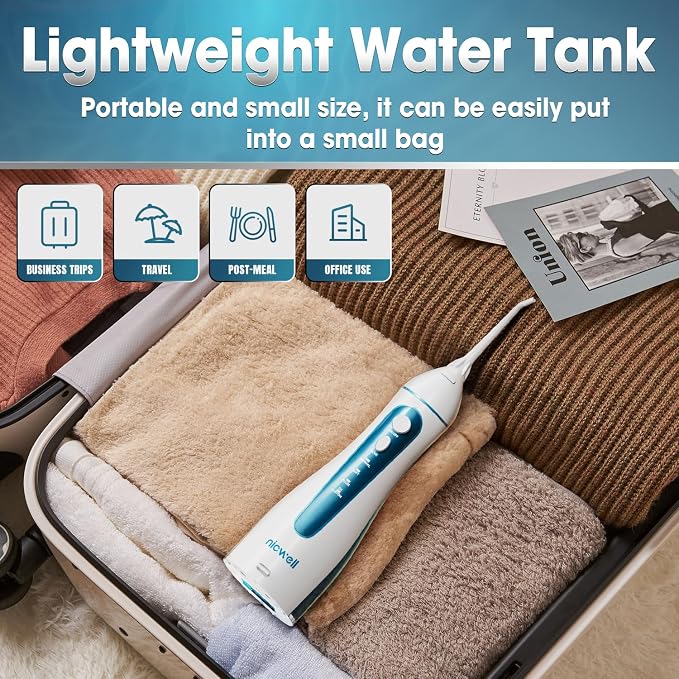 Nicwell Water Dental Flosser Pick for Teeth: 4 Modes Cordless Portable Rechargeable Oral Irrigator IPX7 Waterproof Cleaner Pik Deep Cleaning Flossing Pic Machine for Home Travel