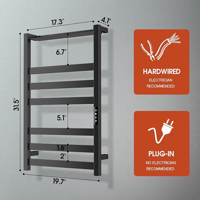 Towel Warmer,Stainless Steel Towel Warmer Rack for Bathroom -6 Bars with Shelf Wall Mounted Towel Heater with Intelligent Touch Screen Timer, Hard Wired/Plug-in, Black
