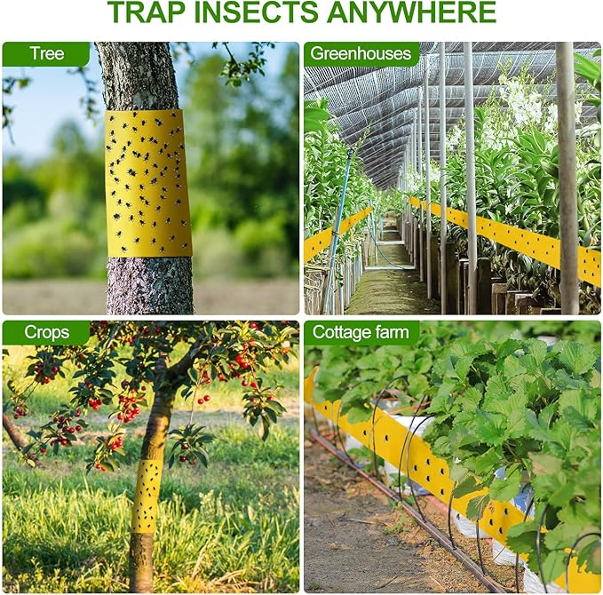 4 Rolls 260ft Lantern Fly Tree Tape Outdoor Adhesive Crawling Insect Trap Yellow Sticky Traps Sticky Barrier Protecting Trees Outdoor Indoor Fruit Tree Lawn Garden Control Aphids Ant Moth