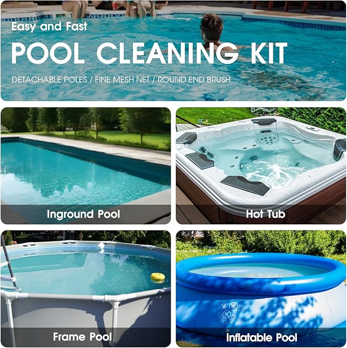 TidyMister 3PCS Cleaning Kit - 12.5'' Brush With Round End & 11'' Skimmer Net Fine Mesh & 5.7 Feet Thick Aluminum Pole 5-Segment, for Above Ground & Inground Pools Ponds