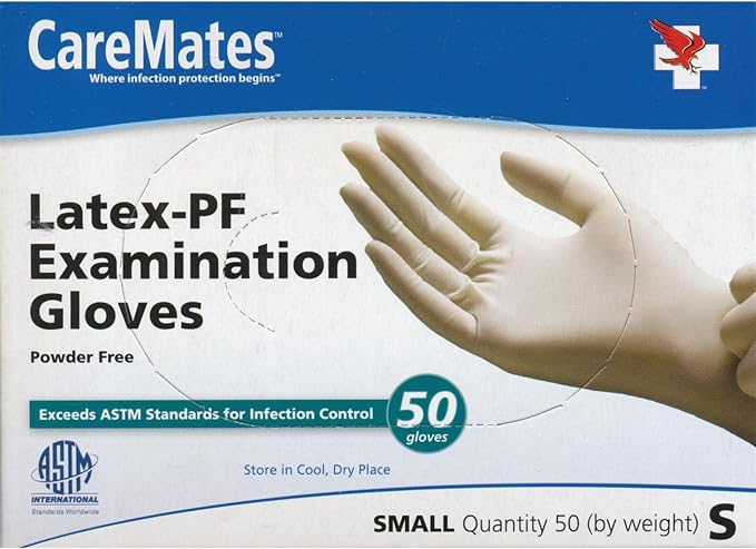 CareMates Latex Medical Exam Gloves, Powder Free, Extra Strong, 5 Mil Thick, Certified for Home Infusion, First Aid, Food Safe, Cleaning Gloves, Small, 50-Count