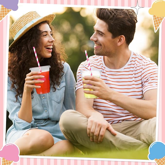 Blushtier 300 Pcs Ice Cream Disposable Plastic Cups with Lids and Straws 12oz Ice Cream Party Favors Clear Cold Drinking Cups Birthday Drinkware Set for Party Supplies