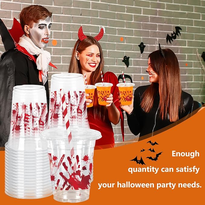 Whaline 50Pcs Halloween Disposable Plastic Cups with Lids & Straws 12oz Bloody Handprint Clear Cold Beverage Drinking Cups for Home Party Supplies