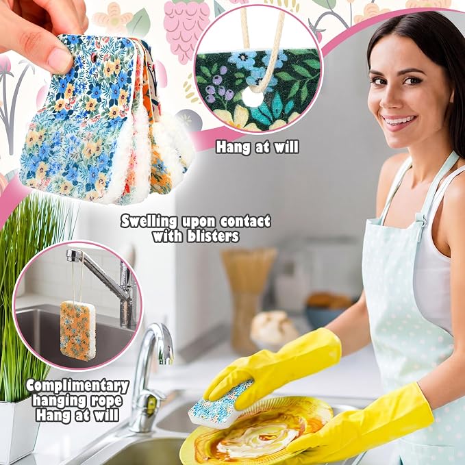 Hahafelt 36 Counts Compressed Cellulose Sponges Bulk Craft Pop up Floral Pattern Natural Kitchen Compostable Non Scratch Dish Sponges for Washing Dishes, Cleaning Countertop Sink