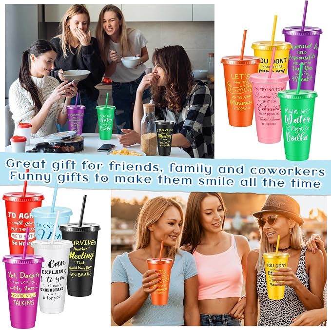 Uiifan 30 Pcs Funny Employee Gifts, Sarcastic Office Gifts for Coworkers Staff, 24oz Colorful Plastic Tumbler with Lids and Straws Bulk, Funny Tumblers for Women Man(Bright Color)