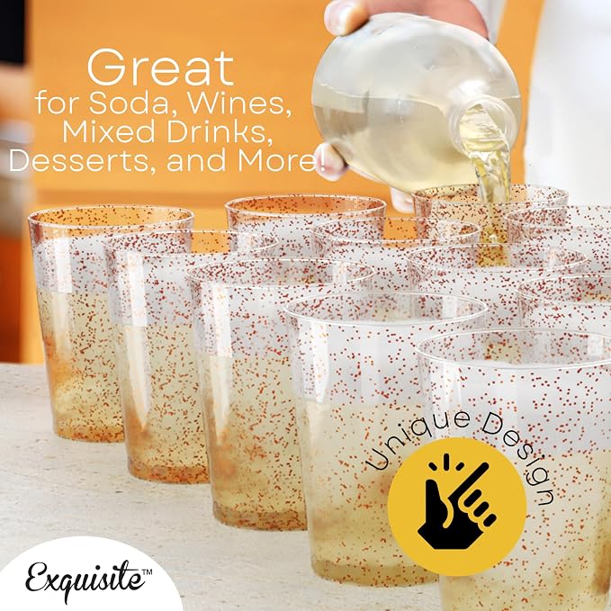 Exquisite Rose Gold Plastic Cups Disposable, Clear Plastic Tumblers 10 Oz. 120 Ct. - Glitter Tumblers, Rose Gold Glitter Cups Disposable For Party, Weddings, Cocktail Glasses & Wine Glasses