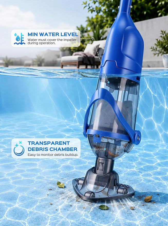 Cordless Handheld Pool Vacuum for Above Ground Pool, Rechargeable Small Pool Vacuum with Telescopic Pole, 60 Min Runtime, 14.1 GPM Suction, for Hot Tub, Spa & Small Pools, Blue