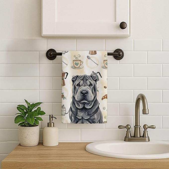 Caroline's Treasures Black Shar Pei Coffee Bar Kitchen Towel Velour Plush Front and Cotton Loop Back Machine Washable