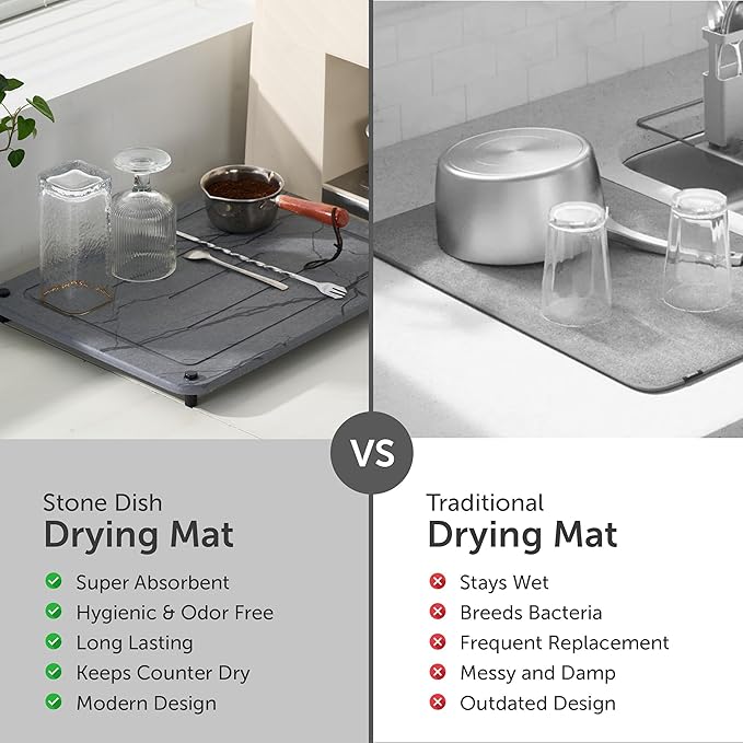 Stone Dish Drying Mat for Kitchen Counter, Quick Dry Stone Dishes Mats, Stones Drying Mat for Kitchen Counter, Water Absorbing Diatomaceous Earth Drying Mat (Dark Gray 15.7x11.8" & 8"x4")