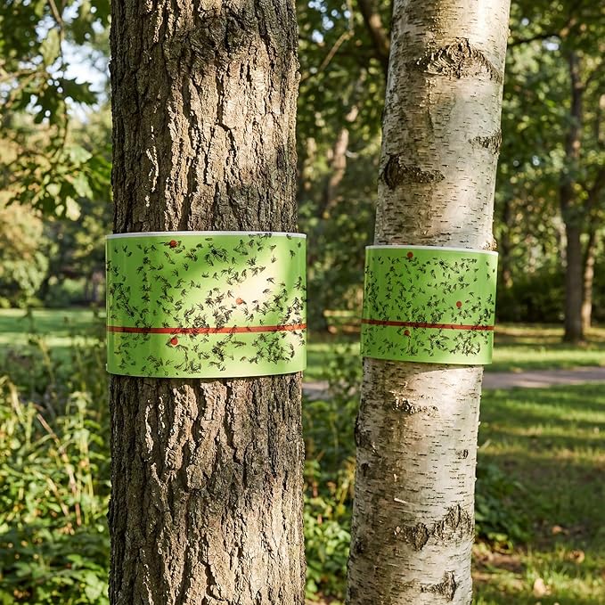 Qualirey 50 Rolls Spotted Lantern Fly Traps 30 Feet Each Roll Fly Tree Trap Sticky Strips Outdoor Fruit Glue Strips Disposable Tape Indoor Paper Sheets for Protecting Trees (Green)