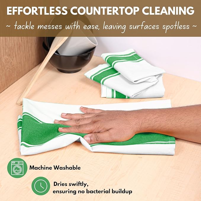Native Fab Green Kitchen Towels 18 x 28 Inch, 6 Pack, Wide Stripe, Super Absorbent, Fast Dry, Soft, Cotton Dish Towels for Wiping Hands, Drying Dishes, Counter Cleaning Dish Cloth Set - Green