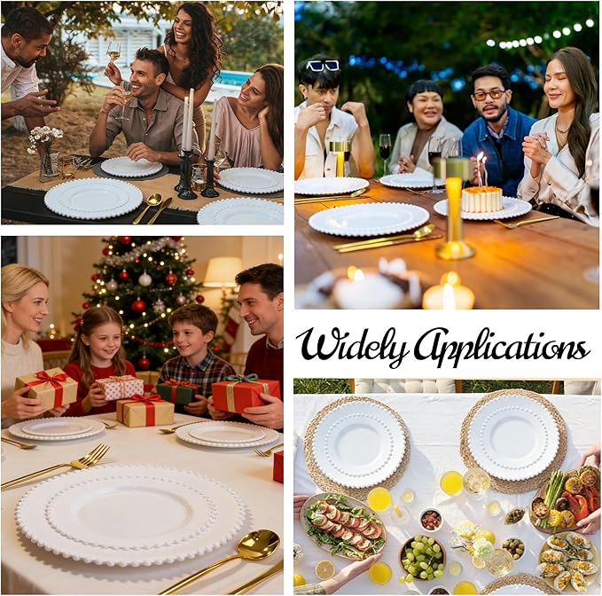 60PCS White Plastic Plates - Fancy Disposable Beaded Plates Include 30 Dinner Plate 10’’ & 30 Dessert Disposable Plate 7.5’’ for Birthday, Baby Shower Spring, Wedding & Party