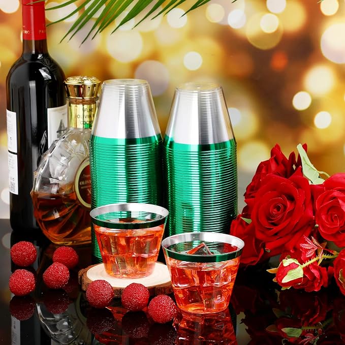 Lounsweer 100 Pcs 9oz Rimmed Plastic Cups Wedding Clear Cocktail Cups Heavy Duty Disposable Wine Glasses for Birthday Bridal Shower Baby Shower Holiday Celebrations(Green)