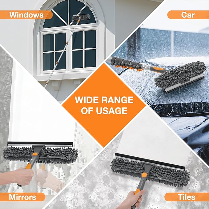 20FT Reach Window Squeegee with 5-13 FT Extension Poles, Extra-Large 14" Window Squeegee Window Cleaning Kit with Telescopic Pole,Window Cleaner Tool with Adjustable Head, for High Window, Glass, RV