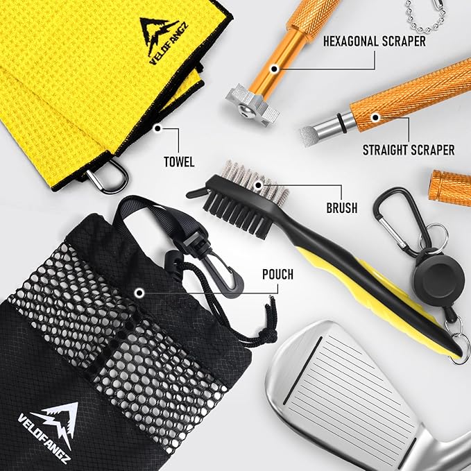 5 IN 1 Portable Golf Club Cleaning Kit, Golf Club Cleaning Brush with Retractable Zip, Golf Club Groove Sharpener Tool Use to U&V-Grooves, Golf Accessories with Microfiber Towel, Perfect Golf Gift