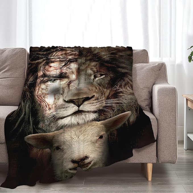 Tijuboni Jesus Lion Lamb Throw Blanket Christian Religious Gifts for Women Men Girls Boys Kids Adults Soft Flannel Fleece Blanket for Couch Sofa Bed Home Decor 40"x50"