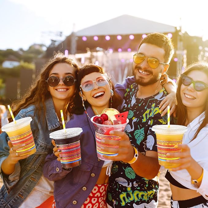 Jingmore 50 Pack 12 oz Fiesta Plastic Cups with Lids and Paper Straws Mexican Clear Disposable Cups Bulk Cinco De Mayo Party Decorations for Fiesta Taco Birthday Party Drinkware Supplies